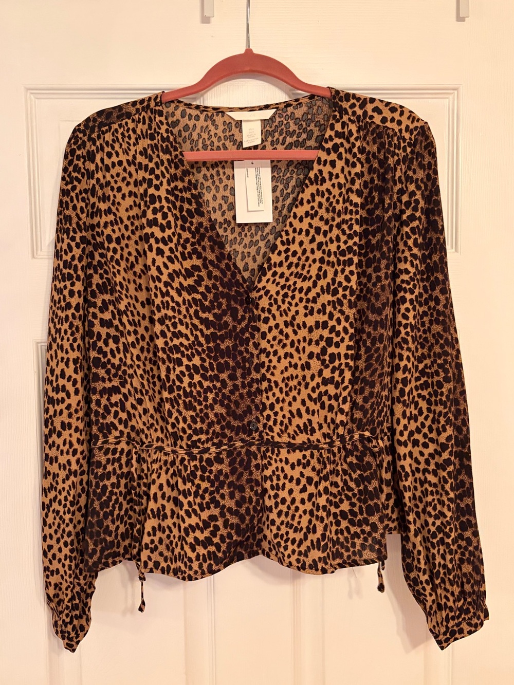 H&M Leopard Print V-Neck Button Up Peplum Blouse - Brown and Black